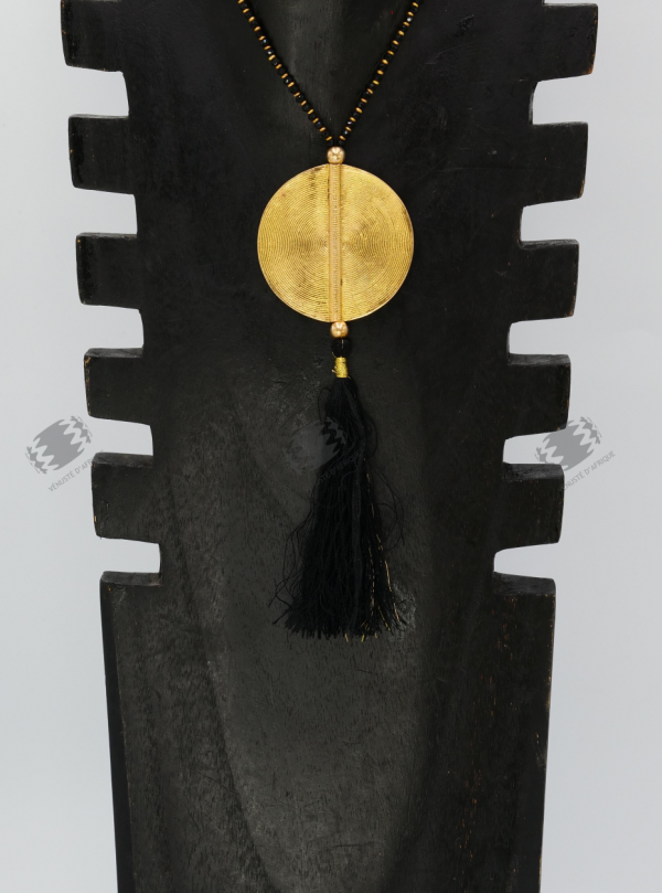 Collier sautoir perles noires en verre facetté, bronze, franges